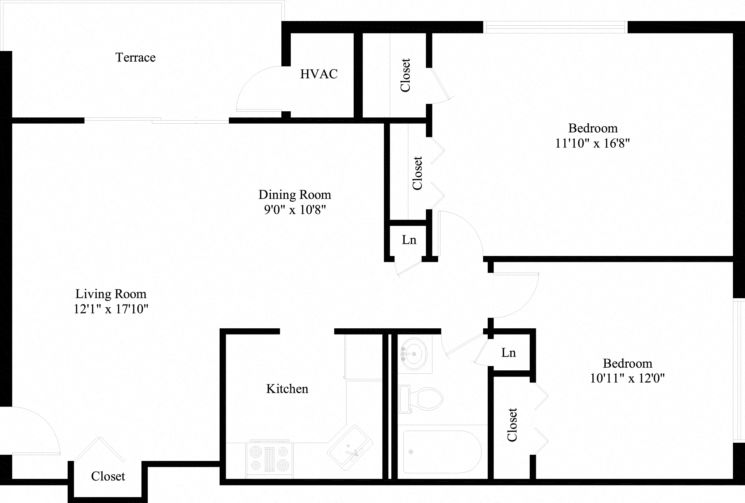 Floor plan for 2 beds, 1 bath, 890 sqft